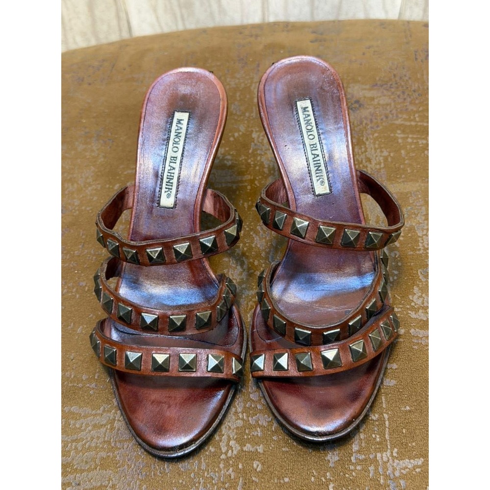 Manolo Blahnik Brown Leather Studded Triple Strap Stiletto Sandals 38